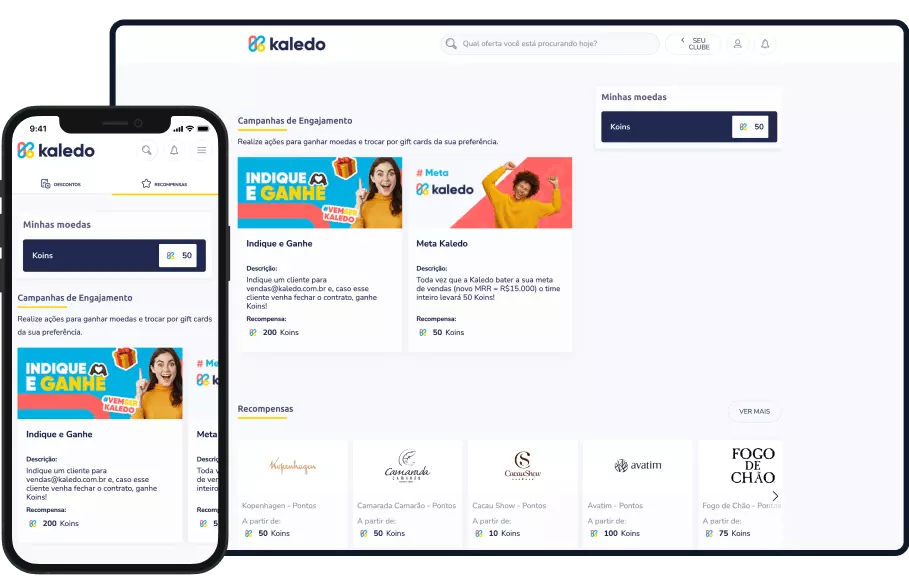 Simulação do sistema da Kaledo para programa de pontos e Marketing em computador e celular.
